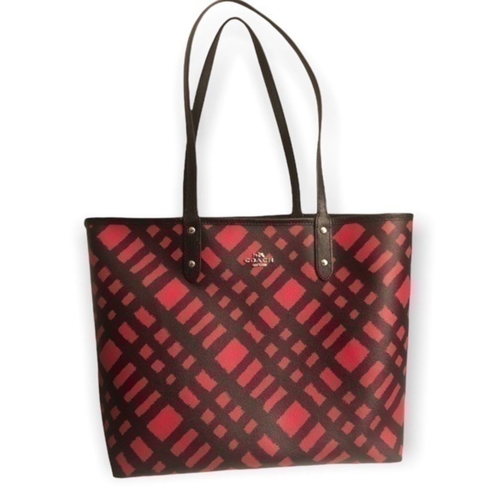 Coach reversible CITY TOTE WITH WILD PLAID PRINT F22247 red black